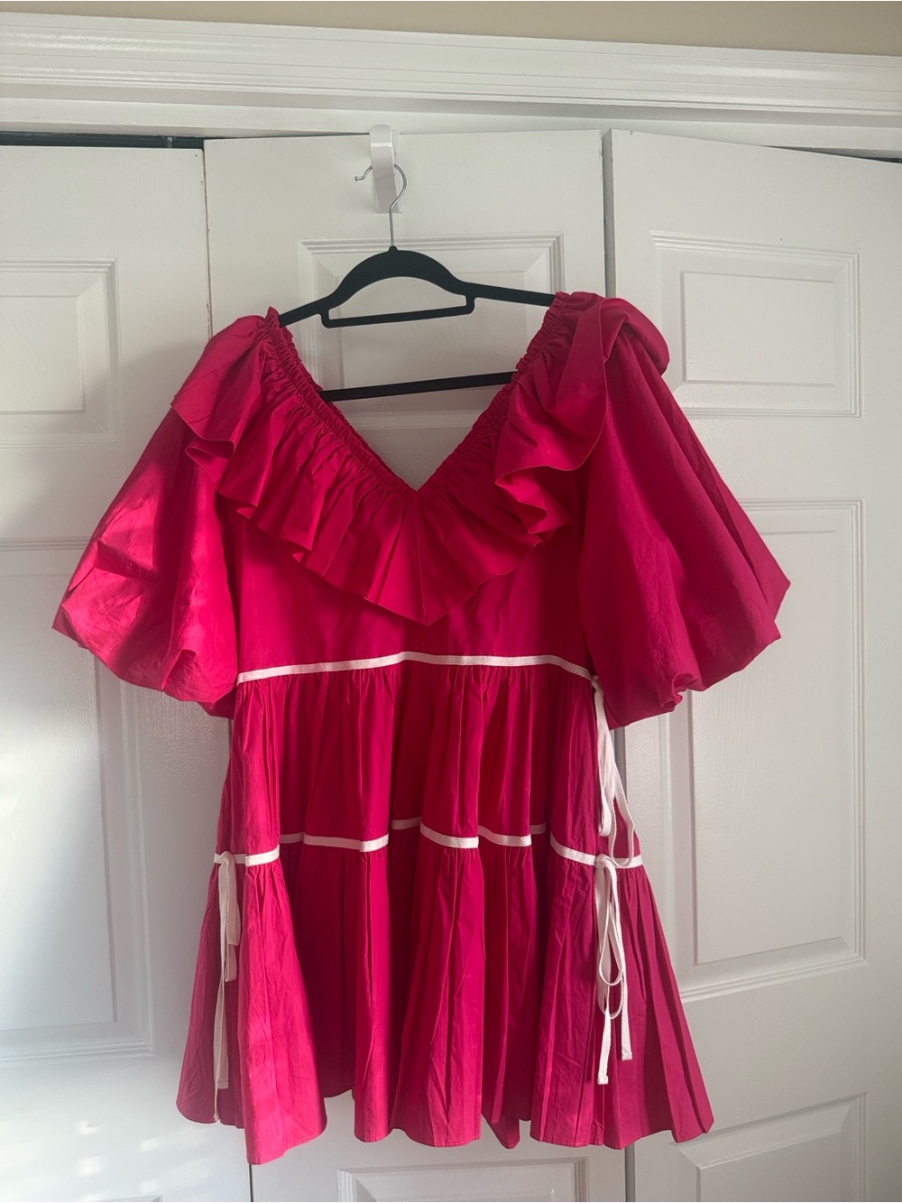 Fuchsia Ruffle Off-Shoulder Mini Dress with Contrast Trim